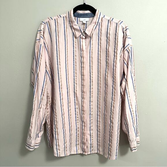 J.Jill Striped Button Up Blouse Pink Blue Womens Large Casual Workwear - Picture 1 of 5
